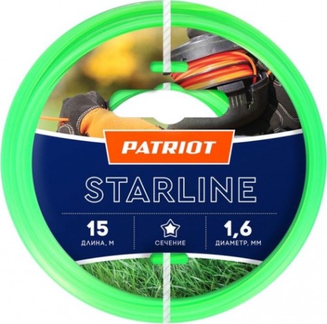 Леска триммерная PATRIOT 1,6 мм/15 м Starline звезда, зеленая [805201051]