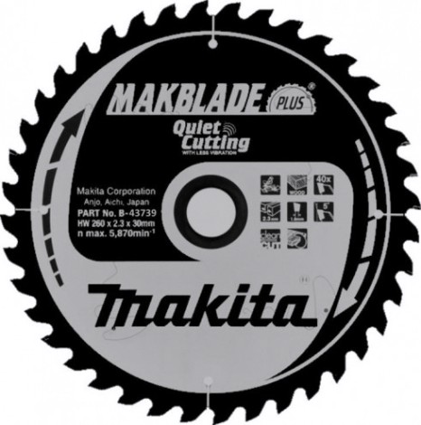 Пильный диск по дереву MAKITA 260x30x1.8x40T для makblade plus [B-43739]
