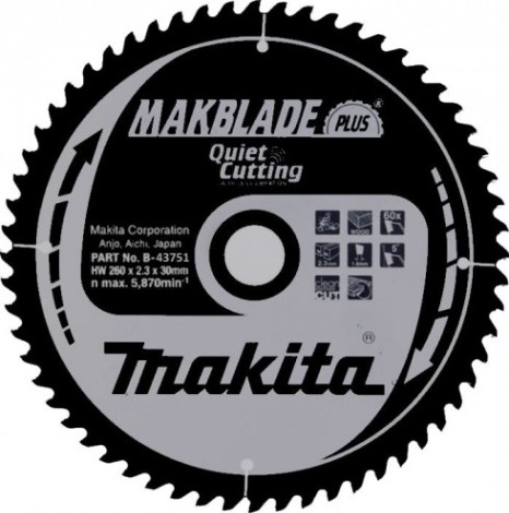 Пильный диск по дереву MAKITA 260x30x1.8x60T для makblade plus [B-43751]