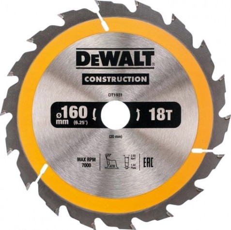 Пильный диск универсальный DeWALT 160х18тх20 мм Construction DT1931-QZ [DT1931-QZ]