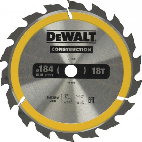 Пильный диск универсальный DeWALT 184х18тх16 мм Construction DT1938-QZ [DT1938-QZ]