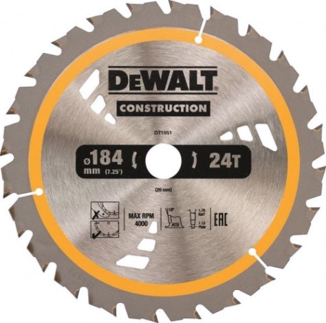 Пильный диск универсальный DeWALT 184х24тх20 мм Construction DT1951-QZ [DT1951-QZ]