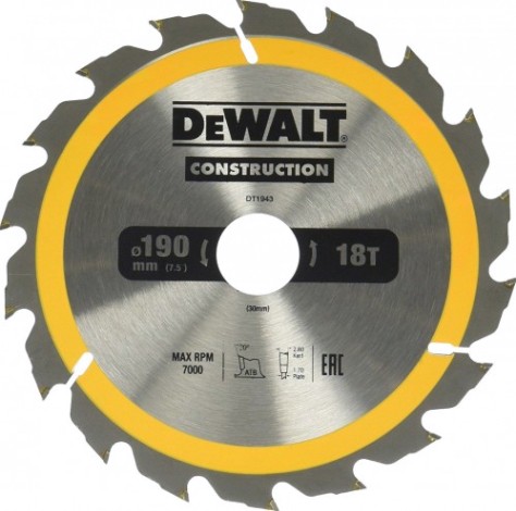 Пильный диск универсальный DeWALT 190х18тх30 мм Construction DT1943-QZ [DT1943-QZ]